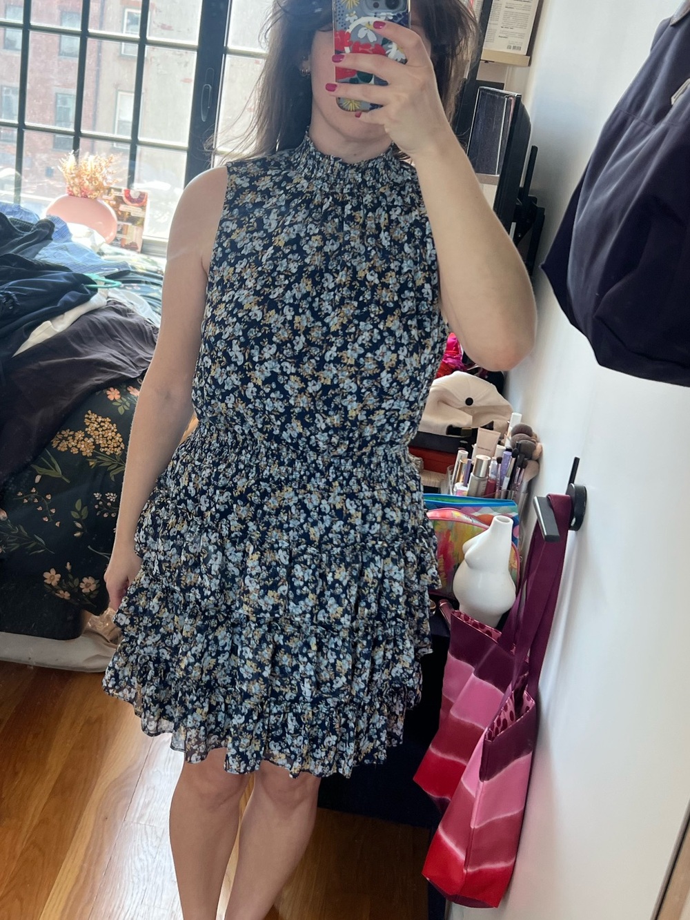 STATE Navy Floral High-Neck Ruffled Mini Dress